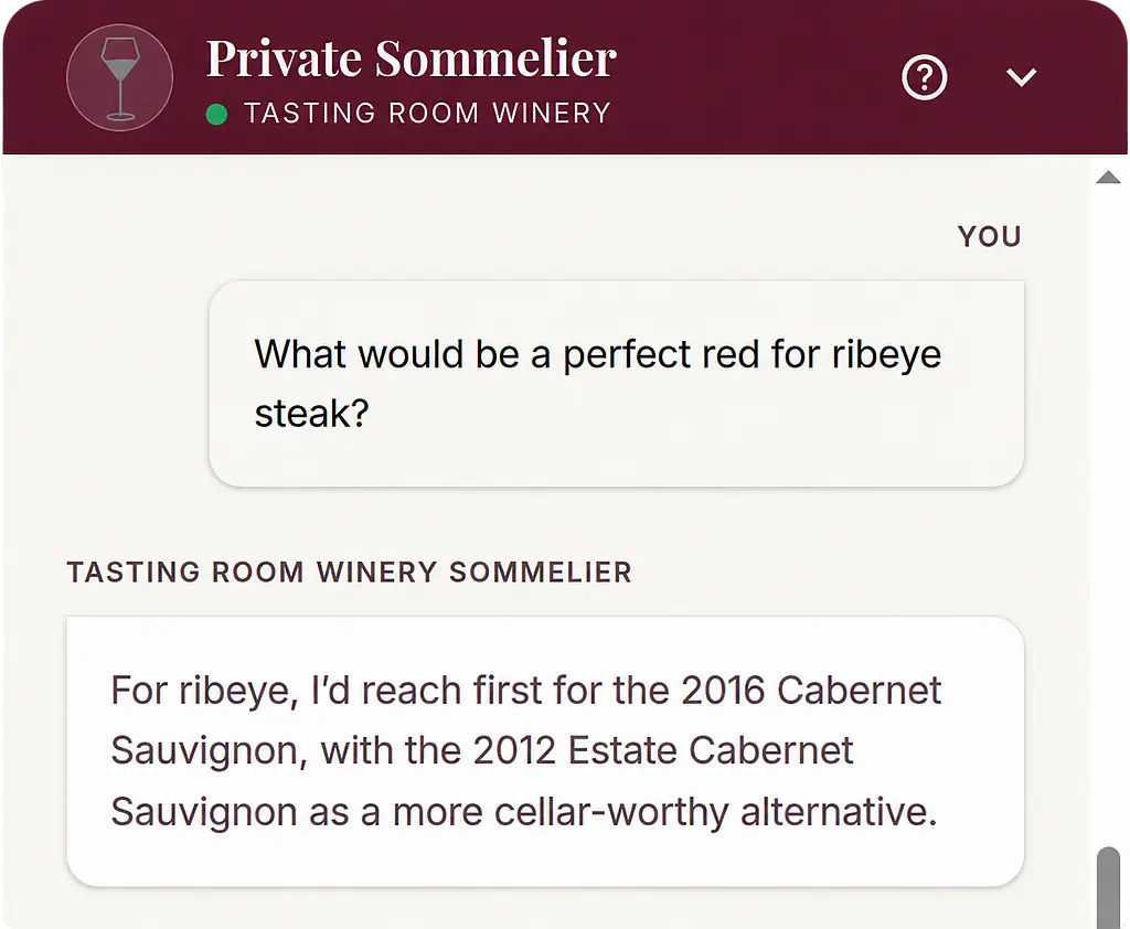 A guest asks which red wine pairs with ribeye; the concierge recommends two Cabernet Sauvignons