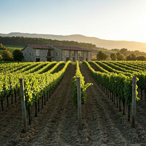 A wine estate with vineyards at golden hour