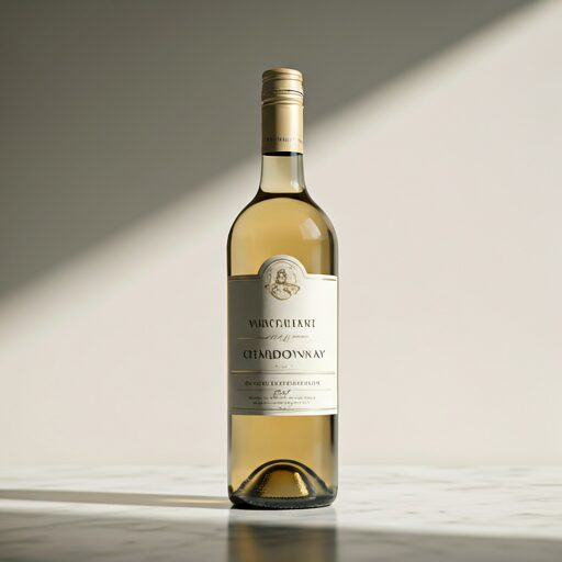 A bottle of 2021 Estate Chardonnay white wine in bright daylight