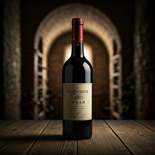 A bottle of 2019 Syrah Reserve red wine in a stone cellar