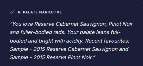 A winery-facing taste profile describes a preference for Cabernet Sauvignon, Pinot Noir and fuller-bodied reds