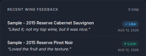 Two recent wine reviews in the winery-facing profile, with Like and Love reactions and tasting notes